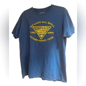 Men’s Columbia PFG Short Sleeve TShirt|Blue|w Yellow Ltrs”No Luck All Skill”|L